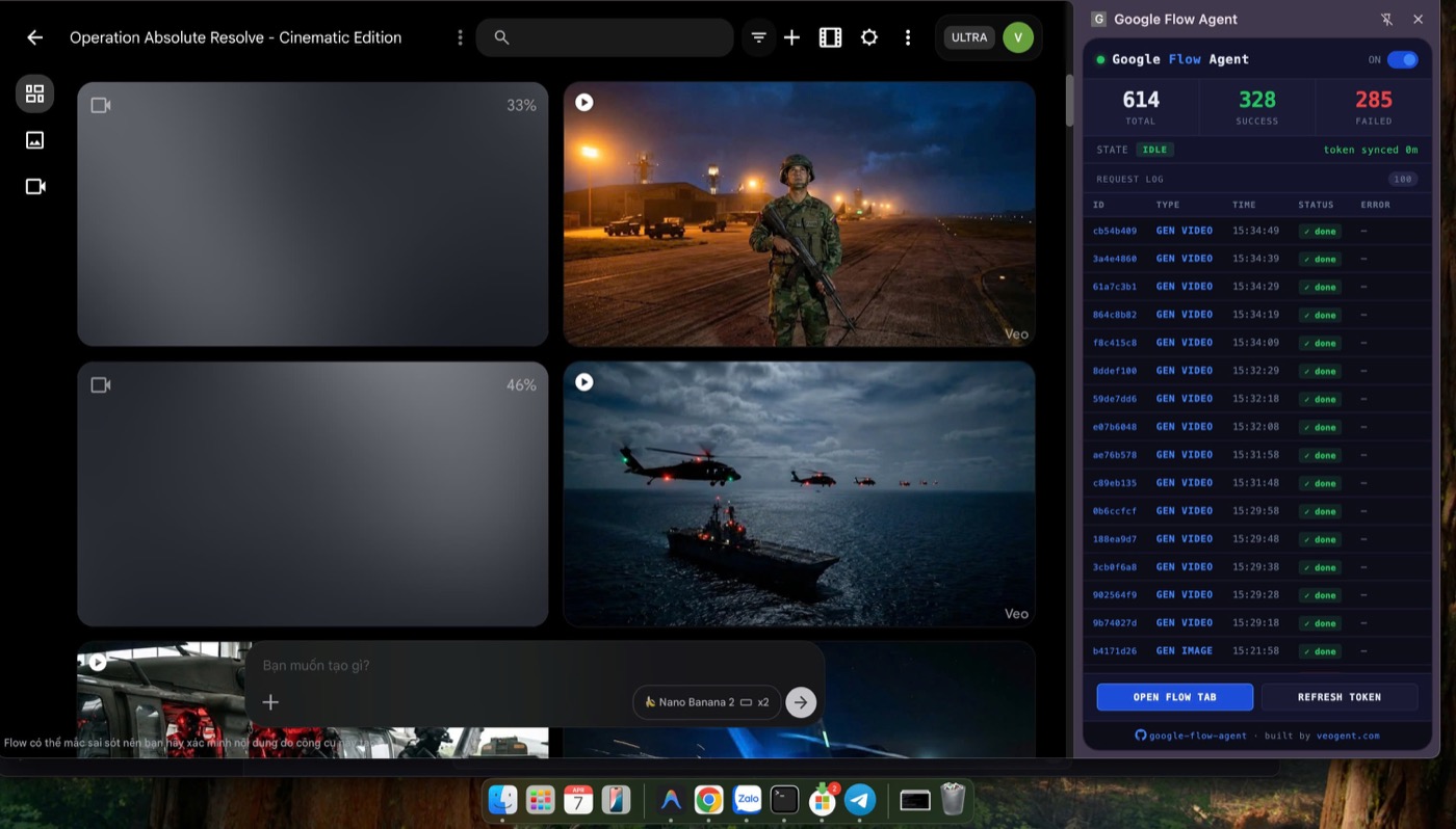 FLOW KIT Chrome extension dashboard — request log realtime và tiến độ generate video